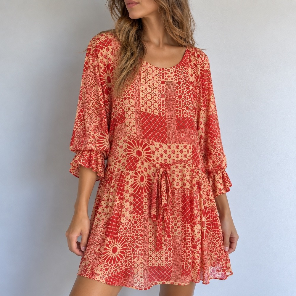 Anthropologie Eva Franco Tasari Orangs Patchwork Mini Dress Size 8 Boho Indie